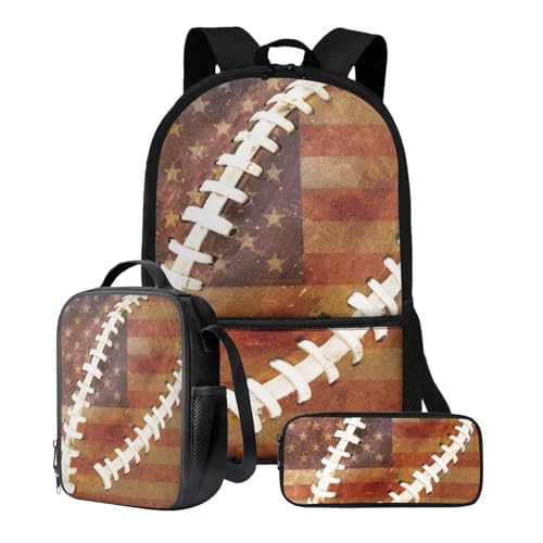 Xoenoiee Rucksack-Set, 3-teilig, großes Fassungsvermögen, Teenager, Mädchen, Jungen, 43,2 cm, Schulrucksack + Lunchtasche + Federmäppchen für Studenten, American Football und Flagge von Xoenoiee