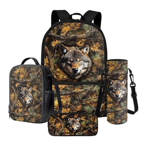 Xoenoiee Rucksack-Set, 43,2 cm, Büchertasche, Thermo-Lunchbox, Wasserflaschen-Tragetasche, Federmäppchen, 4 Stück, für Jungen, Wolf Forest Camo, Einheitsgröße, Schulranzen-Set Xoenoiee Rucksack-Set, 43,2 cm, Büchertasche, Thermo-Lunchbox, Wasserflaschen-Tragetasche, Federmäppchen, 4 Stück, für Jungen, Wolf Forest Camo, Einheitsgröße, Schulranzen-Set von Xoenoiee
