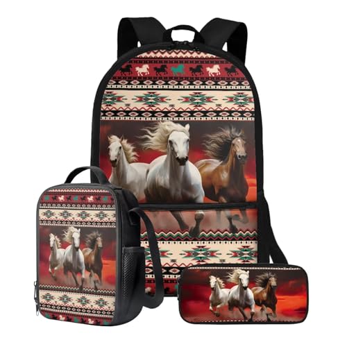 Xoenoiee Rucksack-Set für Kinder, Jungen, Mädchen, 43,2 cm, Schultasche mit Lunchtasche, Federmäppchen, Grundschul-Büchertasche, 3-teiliges Set, Aztec Tribe Laufpferde von Xoenoiee