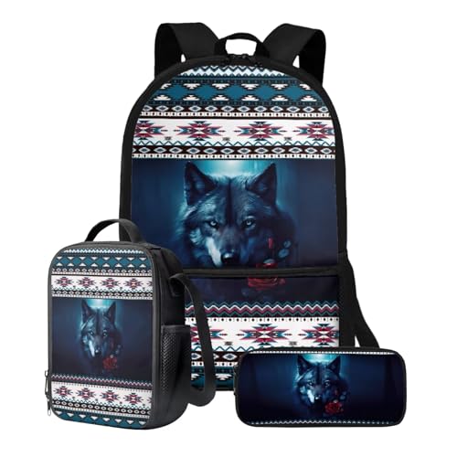 Xoenoiee Rucksack-Set für Kinder, Jungen, Mädchen, 43,2 cm, Schultasche mit Lunchtasche, Federmäppchen, Grundschul-Büchertasche, 3-teiliges Set, Azteken-Wolf von Xoenoiee