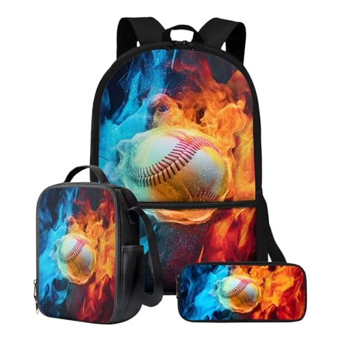 Xoenoiee Rucksack-Set für Kinder, Jungen, Mädchen, 43,2 cm, Schultasche mit Lunchtasche, Federmäppchen, Grundschul-Büchertasche, 3-teiliges Set, Baseball mit blau-rotem Feuer von Xoenoiee