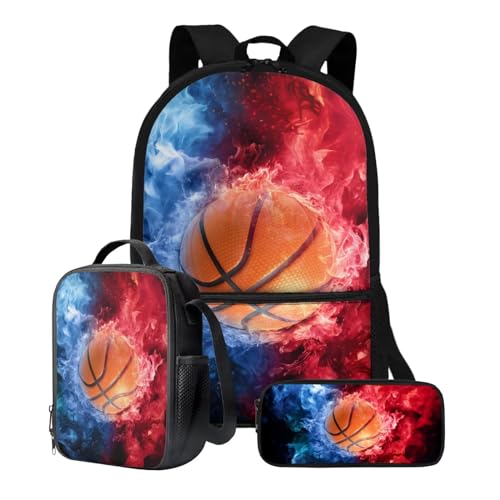 Xoenoiee Rucksack-Set für Kinder, Jungen, Mädchen, 43,2 cm, Schultasche mit Lunchtasche, Federmäppchen, Grundschul-Büchertasche, 3-teiliges Set, Basketball mit blau-rotem Feuer von Xoenoiee