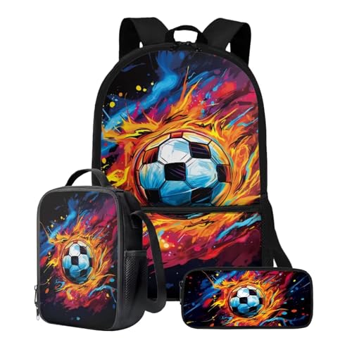 Xoenoiee Rucksack-Set für Kinder, Jungen, Mädchen, 43,2 cm, Schultasche mit Lunchtasche, Federmäppchen, Grundschul-Büchertasche, 3-teiliges Set, Bunte Fußballfarbe von Xoenoiee