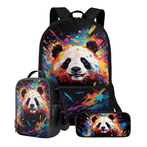 Xoenoiee Rucksack-Set für Kinder, Jungen, Mädchen, 43,2 cm, Schultasche mit Lunchtasche, Federmäppchen, Grundschul-Büchertasche, 3-teiliges Set, Bunter Panda von Xoenoiee