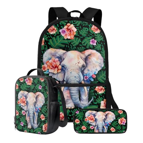 Xoenoiee Rucksack-Set für Kinder, Jungen, Mädchen, 43,2 cm, Schultasche mit Lunchtasche, Federmäppchen, Grundschul-Büchertasche, 3-teiliges Set, Elefant, Blumenmuster, grünes Blatt von Xoenoiee