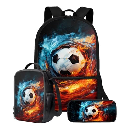 Xoenoiee Rucksack-Set für Kinder, Jungen, Mädchen, 43,2 cm, Schultasche mit Lunchtasche, Federmäppchen, Grundschul-Büchertasche, 3-teiliges Set, Fußball mit blau-rotem Feuer von Xoenoiee