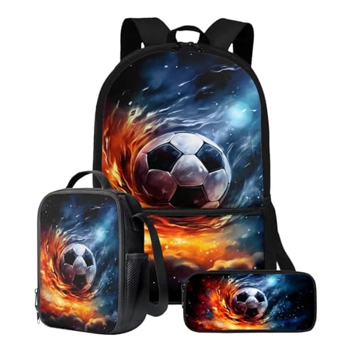 Xoenoiee Rucksack-Set für Kinder, Jungen, Mädchen, 43,2 cm, Schultasche mit Lunchtasche, Federmäppchen, Grundschul-Büchertasche, 3-teiliges Set, Galaxy und Fußball mit Feuer von Xoenoiee