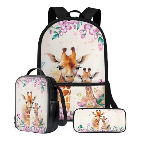 Xoenoiee Rucksack-Set für Kinder, Jungen, Mädchen, 43,2 cm, Schultasche mit Lunchtasche, Federmäppchen, Grundschul-Büchertasche, 3-teiliges Set, Giraffen-Blumen von Xoenoiee