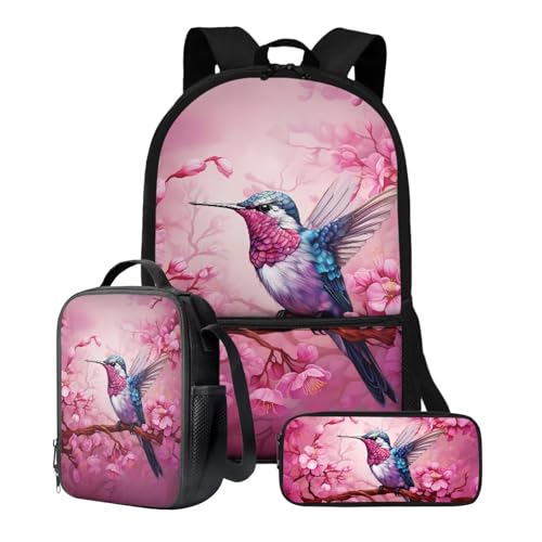 Xoenoiee Rucksack-Set für Kinder, Jungen, Mädchen, 43,2 cm, Schultasche mit Lunchtasche, Federmäppchen, Grundschul-Büchertasche, 3-teiliges Set, Kolibri mit rosa Blumen von Xoenoiee