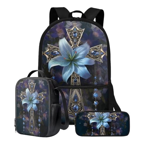 Xoenoiee Rucksack-Set für Kinder, Jungen, Mädchen, 43,2 cm, Schultasche mit Lunchtasche, Federmäppchen, Grundschul-Büchertasche, 3-teiliges Set, Kreuz, blaue Blume von Xoenoiee