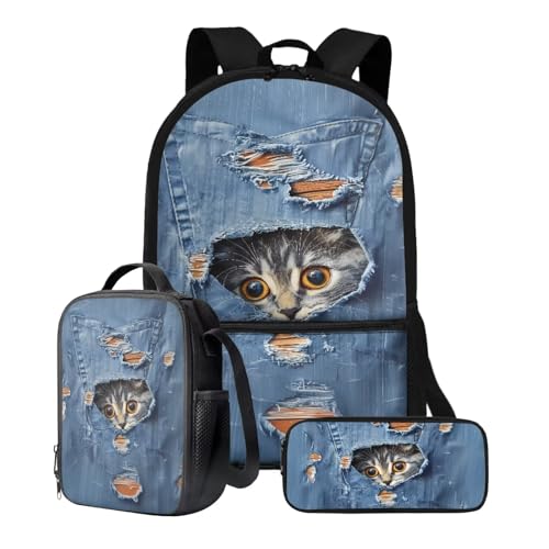 Xoenoiee Rucksack-Set für Kinder, Jungen, Mädchen, 43,2 cm, Schultasche mit Lunchtasche, Federmäppchen, Grundschul-Büchertasche, 3-teiliges Set, Niedliche Katzen-Denim von Xoenoiee