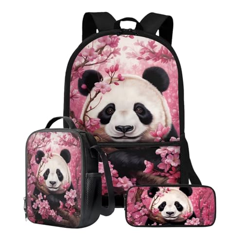 Xoenoiee Rucksack-Set für Kinder, Jungen, Mädchen, 43,2 cm, Schultasche mit Lunchtasche, Federmäppchen, Grundschul-Büchertasche, 3-teiliges Set, Panda, rosa Blumen von Xoenoiee