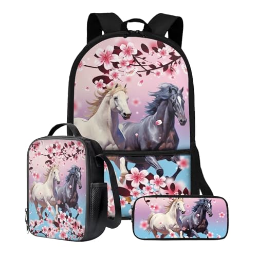 Xoenoiee Rucksack-Set für Kinder, Jungen, Mädchen, 43,2 cm, Schultasche mit Lunchtasche, Federmäppchen, Grundschul-Büchertasche, 3-teiliges Set, Pferde rosa Blumen von Xoenoiee