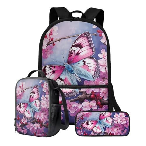 Xoenoiee Rucksack-Set für Kinder, Jungen, Mädchen, 43,2 cm, Schultasche mit Lunchtasche, Federmäppchen, Grundschul-Büchertasche, 3-teiliges Set, Rosa Schmetterlingsblüten von Xoenoiee