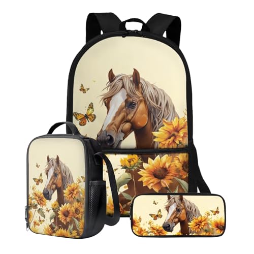 Xoenoiee Rucksack-Set für Kinder, Jungen, Mädchen, 43,2 cm, Schultasche mit Lunchtasche, Federmäppchen, Grundschul-Büchertasche, 3-teiliges Set, Sonnenblume, Schmetterling und Pferd von Xoenoiee