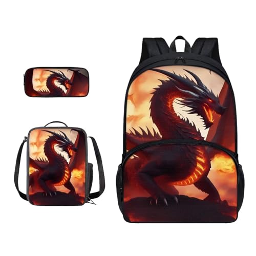 Xoenoiee Rucksack-Set für Kinder, Jungen, Mädchen, 43,2 cm, große Schultasche mit Lunchtasche, Federmäppchen, 3-teiliges Set, Schulbedarf, Cool Dragon Fire von Xoenoiee