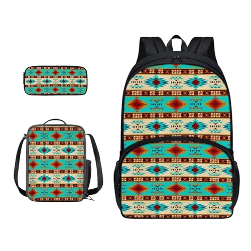 Xoenoiee Rucksack-Set für Kinder, Jungen, Mädchen, 43,2 cm, große Schultasche mit Lunchtasche, Federmäppchen, 3-teiliges Set, Schulbedarf, Navajo Aztekenstamm von Xoenoiee