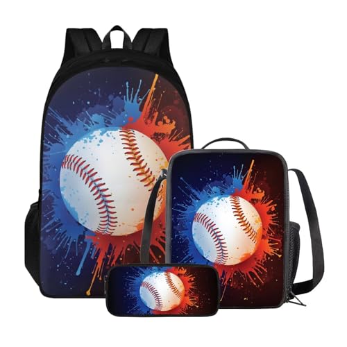 Xoenoiee Rucksack-Set für Kinder, Jungen, Mädchen, große Schultasche mit Lunchtasche, Federmäppchen für Grundschule, Blau-rote Baseballfarbe von Xoenoiee