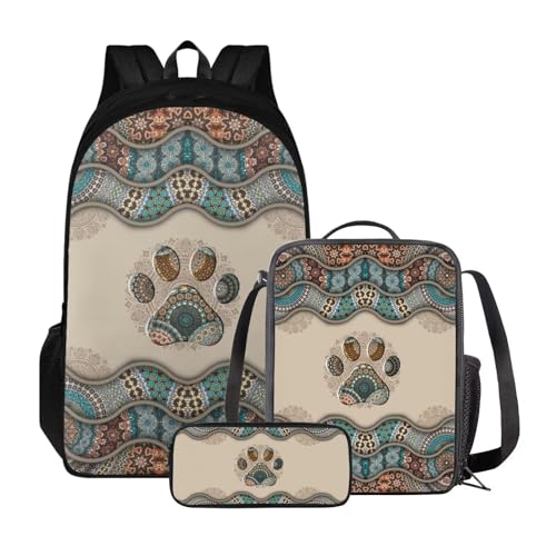 Xoenoiee Rucksack-Set für Kinder, Jungen, Mädchen, große Schultasche mit Lunchtasche, Federmäppchen für Grundschule, Boho-Hundepfote von Xoenoiee