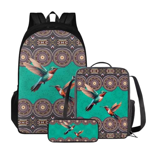 Xoenoiee Rucksack-Set für Kinder, Jungen, Mädchen, große Schultasche mit Lunchtasche, Federmäppchen für Grundschule, Boho Mandala Kolibri von Xoenoiee