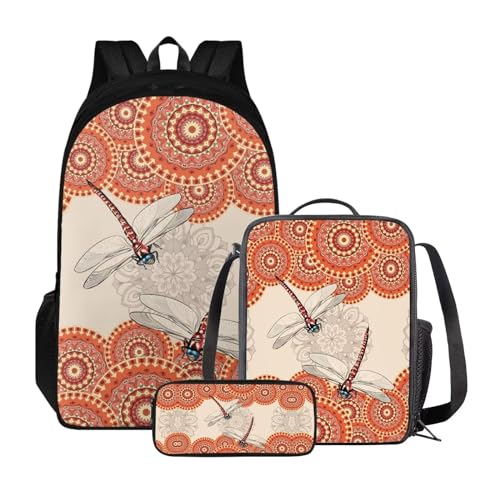 Xoenoiee Rucksack-Set für Kinder, Jungen, Mädchen, große Schultasche mit Lunchtasche, Federmäppchen für Grundschule, Boho Mandala Libelle von Xoenoiee