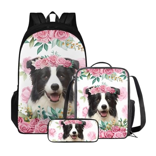 Xoenoiee Rucksack-Set für Kinder, Jungen, Mädchen, große Schultasche mit Lunchtasche, Federmäppchen für Grundschule, Border Collie Pink Rose von Xoenoiee