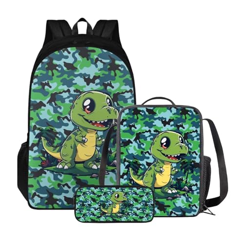 Xoenoiee Rucksack-Set für Kinder, Jungen, Mädchen, große Schultasche mit Lunchtasche, Federmäppchen für Grundschule, Dinosaurier-Grün-Tarnmuster von Xoenoiee