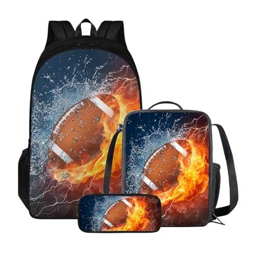 Xoenoiee Rucksack-Set für Kinder, Jungen, Mädchen, große Schultasche mit Lunchtasche, Federmäppchen für Grundschule, Feuerwasserspritzer, American Football-Design von Xoenoiee