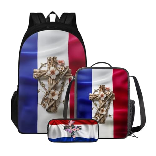 Xoenoiee Rucksack-Set für Kinder, Jungen, Mädchen, große Schultasche mit Lunchtasche, Federmäppchen für Grundschule, Französische Flagge, Kreuz, floral von Xoenoiee