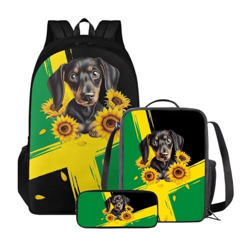 Xoenoiee Rucksack-Set für Kinder, Jungen, Mädchen, große Schultasche mit Lunchtasche, Federmäppchen für Grundschule, Jamaika-Flagge, Dackel, Sonnenblumen-Flagge von Xoenoiee