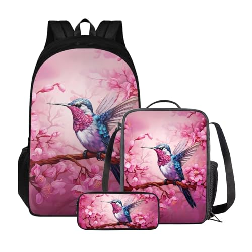 Xoenoiee Rucksack-Set für Kinder, Jungen, Mädchen, große Schultasche mit Lunchtasche, Federmäppchen für Grundschule, Kolibri mit rosa Blumen von Xoenoiee