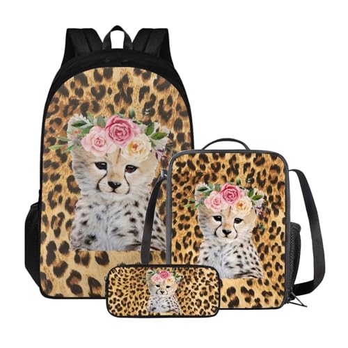 Xoenoiee Rucksack-Set für Kinder, Jungen, Mädchen, große Schultasche mit Lunchtasche, Federmäppchen für Grundschule, Leopard und Blumen von Xoenoiee