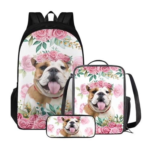 Xoenoiee Rucksack-Set für Kinder, Jungen, Mädchen, große Schultasche mit Lunchtasche, Federmäppchen für Grundschule, Mops, Hund, rosa Rose von Xoenoiee