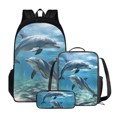 Xoenoiee Rucksack-Set für Kinder, Jungen, Mädchen, große Schultasche mit Lunchtasche, Federmäppchen für Grundschule, Niedlicher Delfin-Unterwasser-Delfin von Xoenoiee