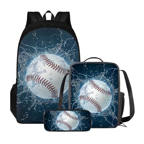 Xoenoiee Rucksack-Set für Kinder, Jungen, Mädchen, große Schultasche mit Lunchtasche, Federmäppchen für Grundschule, Wasserspritzer-Baseballdruck von Xoenoiee