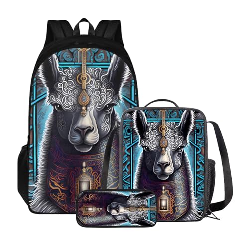 Xoenoiee Rucksack-Set mit 3 Stück, Teenager, Studenten, große Kapazität, Thermo-Lunchbox, Bleistifttasche, 3-in-1, für Jungen und Mädchen, Alpaka Ethnic Tribal von Xoenoiee