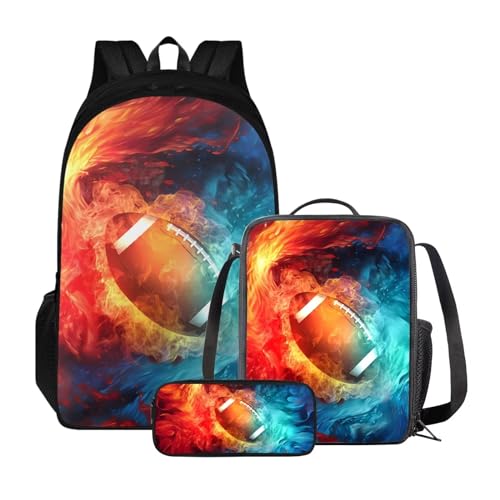 Xoenoiee Rucksack-Set mit 3 Stück, Teenager, Studenten, große Kapazität, Thermo-Lunchbox, Bleistifttasche, 3-in-1, für Jungen und Mädchen, American Football und Blue Red Fire von Xoenoiee