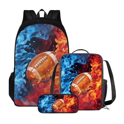 Xoenoiee Rucksack-Set mit 3 Stück, Teenager, Studenten, große Kapazität, Thermo-Lunchbox, Bleistifttasche, 3-in-1, für Jungen und Mädchen, American Football & Fire von Xoenoiee