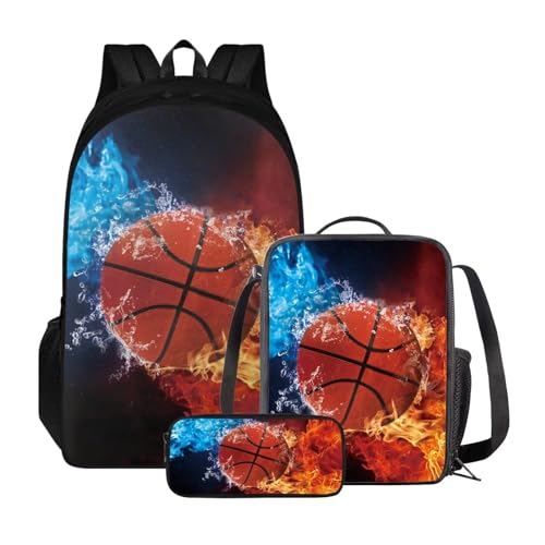 Xoenoiee Rucksack-Set mit 3 Stück, Teenager, Studenten, große Kapazität, Thermo-Lunchbox, Bleistifttasche, 3-in-1, für Jungen und Mädchen, Basketball, Feuer und Wasser von Xoenoiee