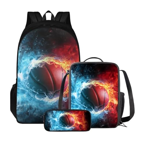 Xoenoiee Rucksack-Set mit 3 Stück, Teenager, Studenten, große Kapazität, Thermo-Lunchbox, Bleistifttasche, 3-in-1, für Jungen und Mädchen, Basketball Rot Blau Feuer von Xoenoiee