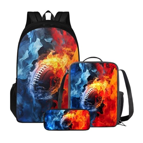 Xoenoiee Rucksack-Set mit 3 Stück, Teenager, Studenten, große Kapazität, Thermo-Lunchbox, Bleistifttasche, 3-in-1, für Jungen und Mädchen, Blauer und roter Fire American Football von Xoenoiee