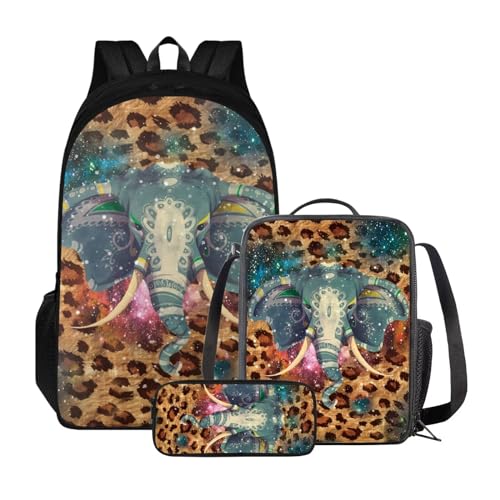 Xoenoiee Rucksack-Set mit 3 Stück, Teenager, Studenten, große Kapazität, Thermo-Lunchbox, Bleistifttasche, 3-in-1, für Jungen und Mädchen, Elefant Leopard von Xoenoiee