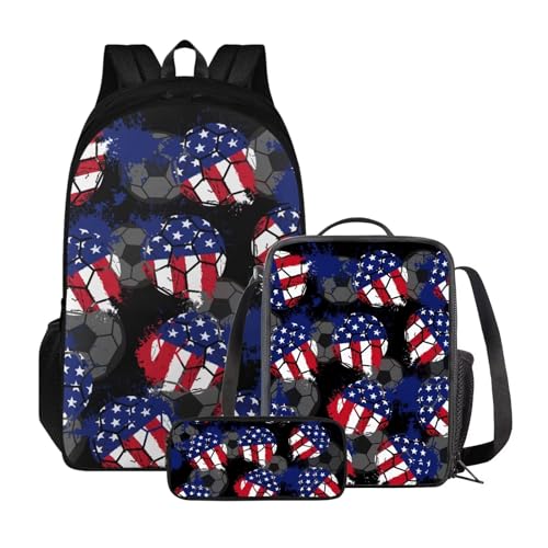 Xoenoiee Rucksack-Set mit 3 Stück, Teenager, Studenten, große Kapazität, Thermo-Lunchbox, Bleistifttasche, 3-in-1, für Jungen und Mädchen, Fußball-Flagge von Xoenoiee