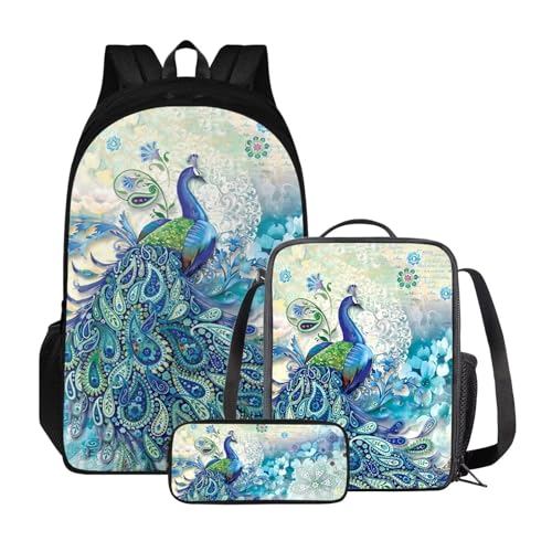 Xoenoiee Rucksack-Set mit 3 Stück, Teenager, Studenten, große Kapazität, Thermo-Lunchbox, Bleistifttasche, 3-in-1, für Jungen und Mädchen, Peocock Paisley Blue von Xoenoiee