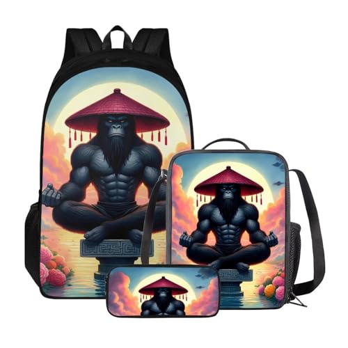 Xoenoiee Rucksack-Set mit 3 Stück, Teenager, Studenten, große Kapazität, Thermo-Lunchbox, Bleistifttasche, 3-in-1, für Jungen und Mädchen, Schimpansenblumen von Xoenoiee