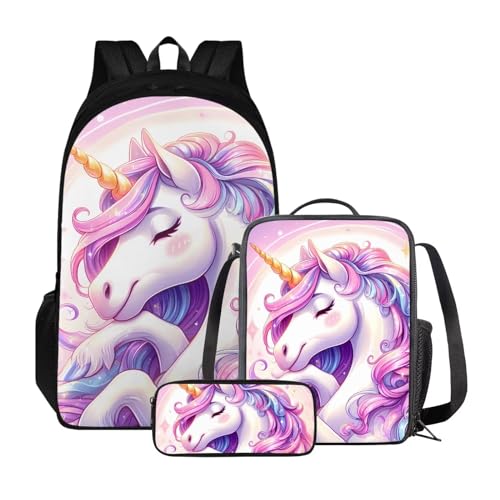 Xoenoiee Rucksack-Set mit 3 Stück, Teenager, Studenten, große Kapazität, Thermo-Lunchbox, Bleistifttasche, 3-in-1, für Jungen und Mädchen, Süßes Einhorn von Xoenoiee