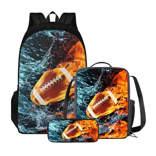 Xoenoiee Rucksack-Set mit 3 Stück, Teenager, Studenten, große Kapazität, Thermo-Lunchbox, Bleistifttasche, 3-in-1, für Jungen und Mädchen, Water American Football Fire von Xoenoiee