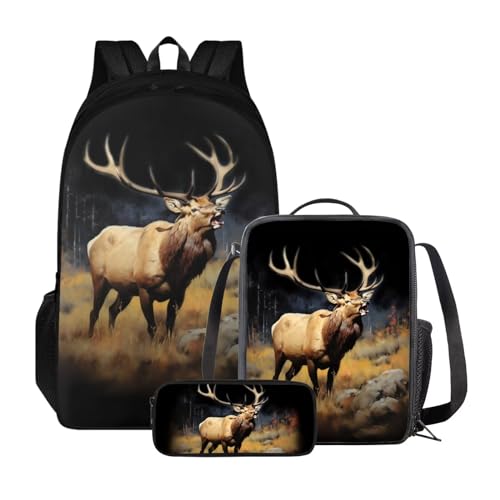 Xoenoiee Rucksack-Set mit 3 Stück, Teenager, Studenten, große Kapazität, Thermo-Lunchbox, Bleistifttasche, 3-in-1, für Jungen und Mädchen, Wilder Elch von Xoenoiee