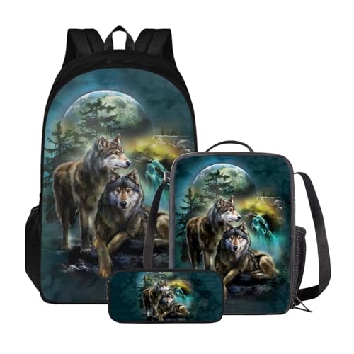 Xoenoiee Rucksack-Set mit 3 Stück, Teenager, Studenten, große Kapazität, Thermo-Lunchbox, Bleistifttasche, 3-in-1, für Jungen und Mädchen, Wolf und Mond von Xoenoiee