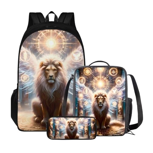 Xoenoiee Rucksack-Set mit 3 Stück, Teenager, Studenten, große Kapazität, Thermo-Lunchbox, Bleistifttasche, 3-in-1, für Jungen und Mädchen, löwe von Xoenoiee